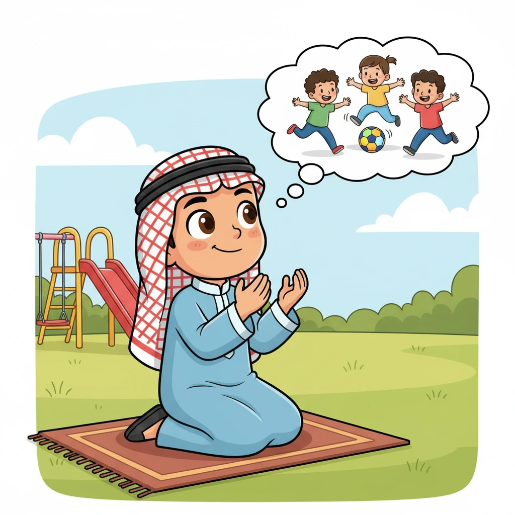 حاول فرحان مرة أخرى، ولكن هذه المرة كان مشتتًا بعض الشيء. أثناء الدعاء، كان ينظر حوله باستمرار، ويفكر في اللعب مع أصدقائه بدلًا من التركيز الكامل. أنهى دعاءه بسرعة ليلحق باللعب.