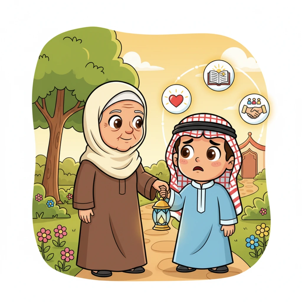 وجدت الجدة حكمة فرحان وهو يشعر بالضيق. شرحت له بلطف أن الدعوات تحتاج إلى قلب نقي، وانتباه كامل، وأن أفعالنا مهمة أيضًا. أخبرته أن كوننا طيبين وصادقين ومشاركين مع الآخرين يجعل الدعوات أقوى وأكثر استجابة.