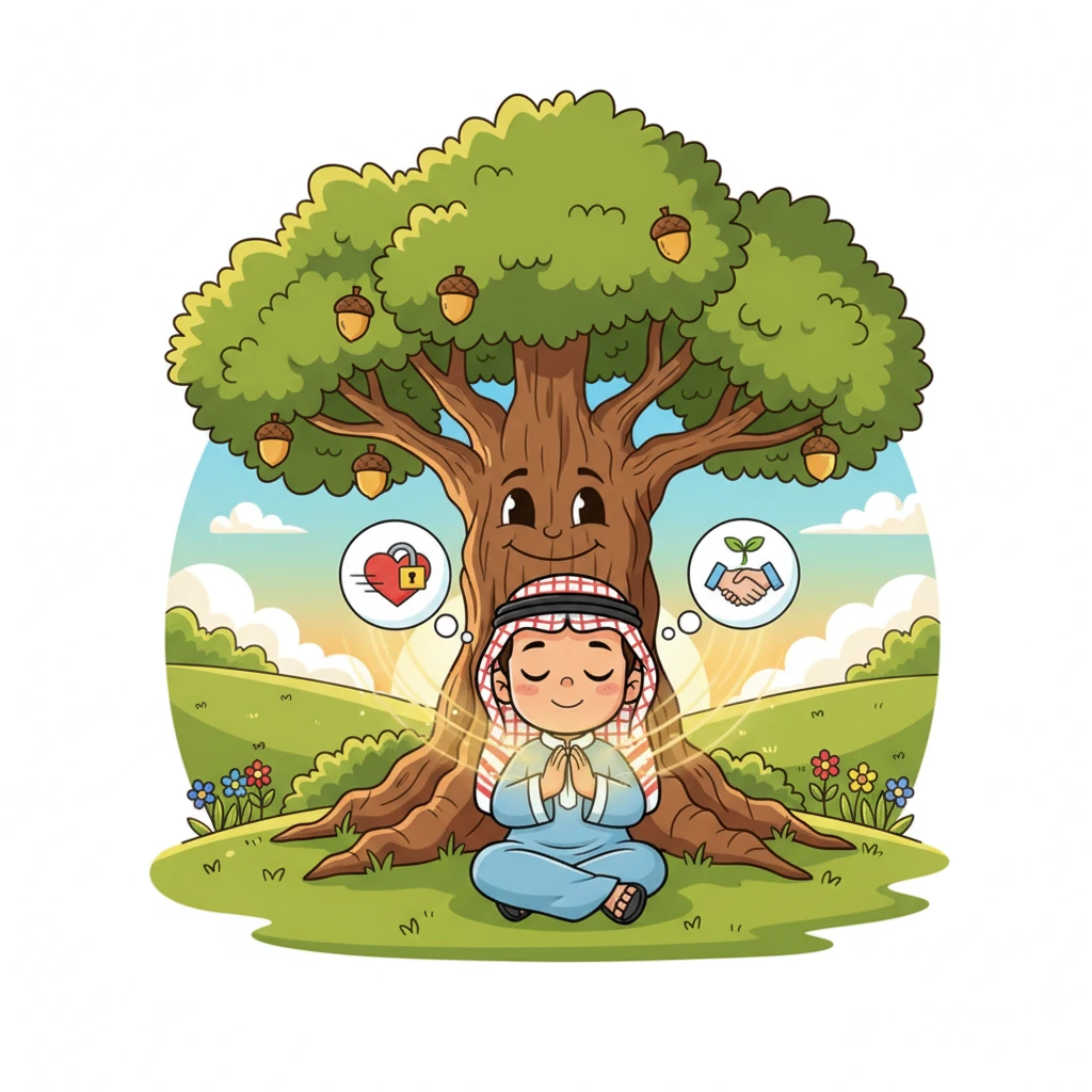 بقلب هادئ ومركز، جلس فرحان تحت شجرة البلوط مرة أخرى. صلى بصدق، ليس فقط من أجل البلوطة، ولكن أيضًا عبر عن امتنانه ووعد بأن يكون دائمًا سنجابًا جيدًا، صبورًا وعادلًا.