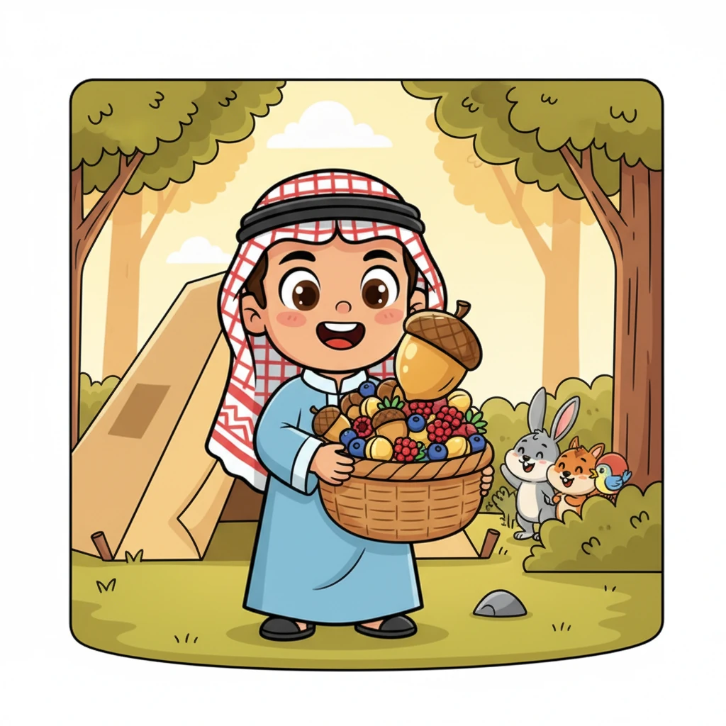 في صباح اليوم التالي، استيقظ فرحان على مشهد مدهش! لم تكن بلوطة عملاقة واحدة فحسب، بل سلة كاملة من المكسرات والتوت المتنوع واللذيذ، تركها له أصدقاؤه الممتنون، مع أكبر وألمع بلوطة في الأعلى. فهم أن البركات أحيانًا تأتي بطرق غير متوقعة عندما نكسبها حقًا بأعمالنا الصيبة وصبرنا.