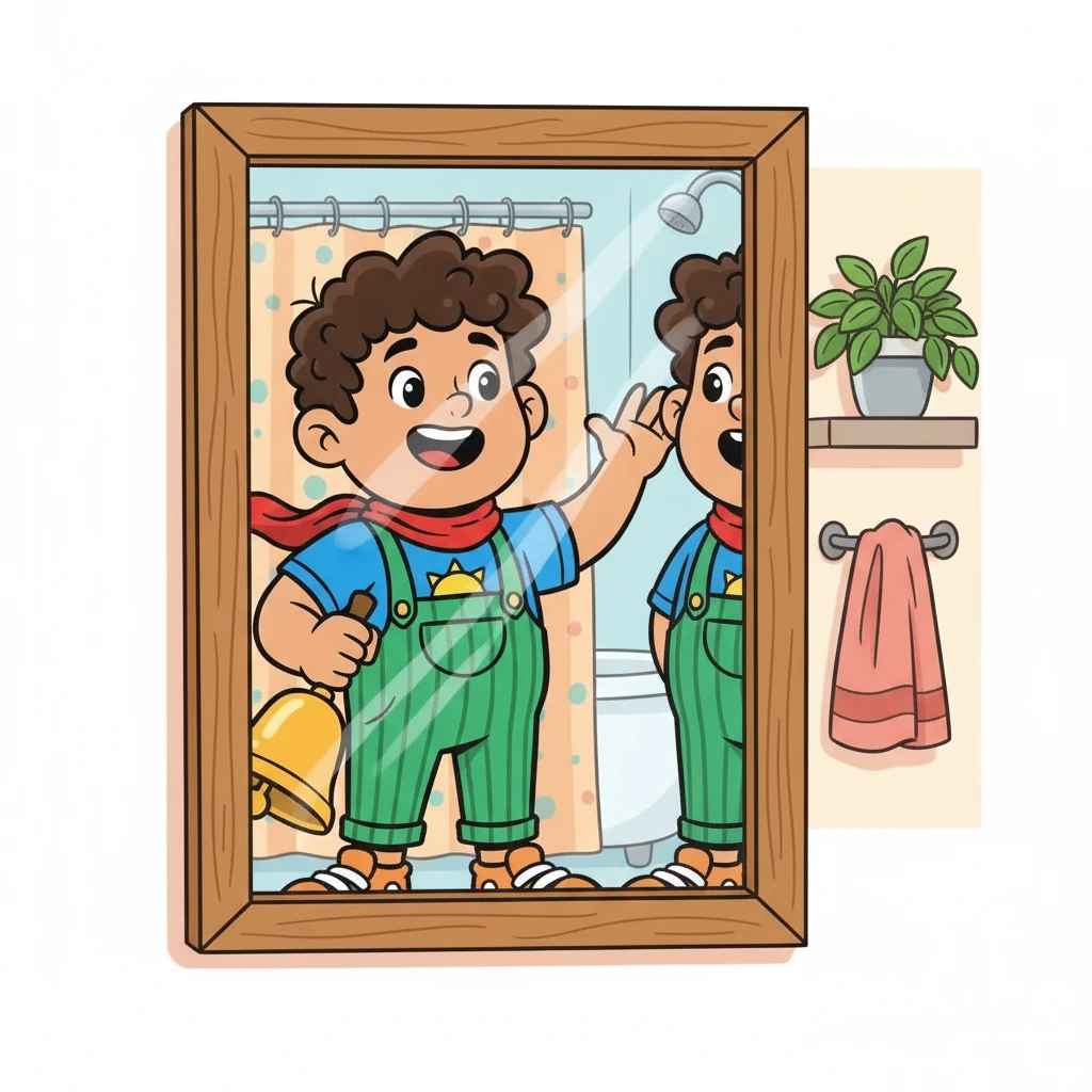 Looking in the mirror, Naitvik saw his own reflection smiling back. 'Good Morning, Naitvik!' it echoed. He giggled, delighted to greet his mirror friend and celebrate the start of the day with a joyful 'Good Morning, Me!'