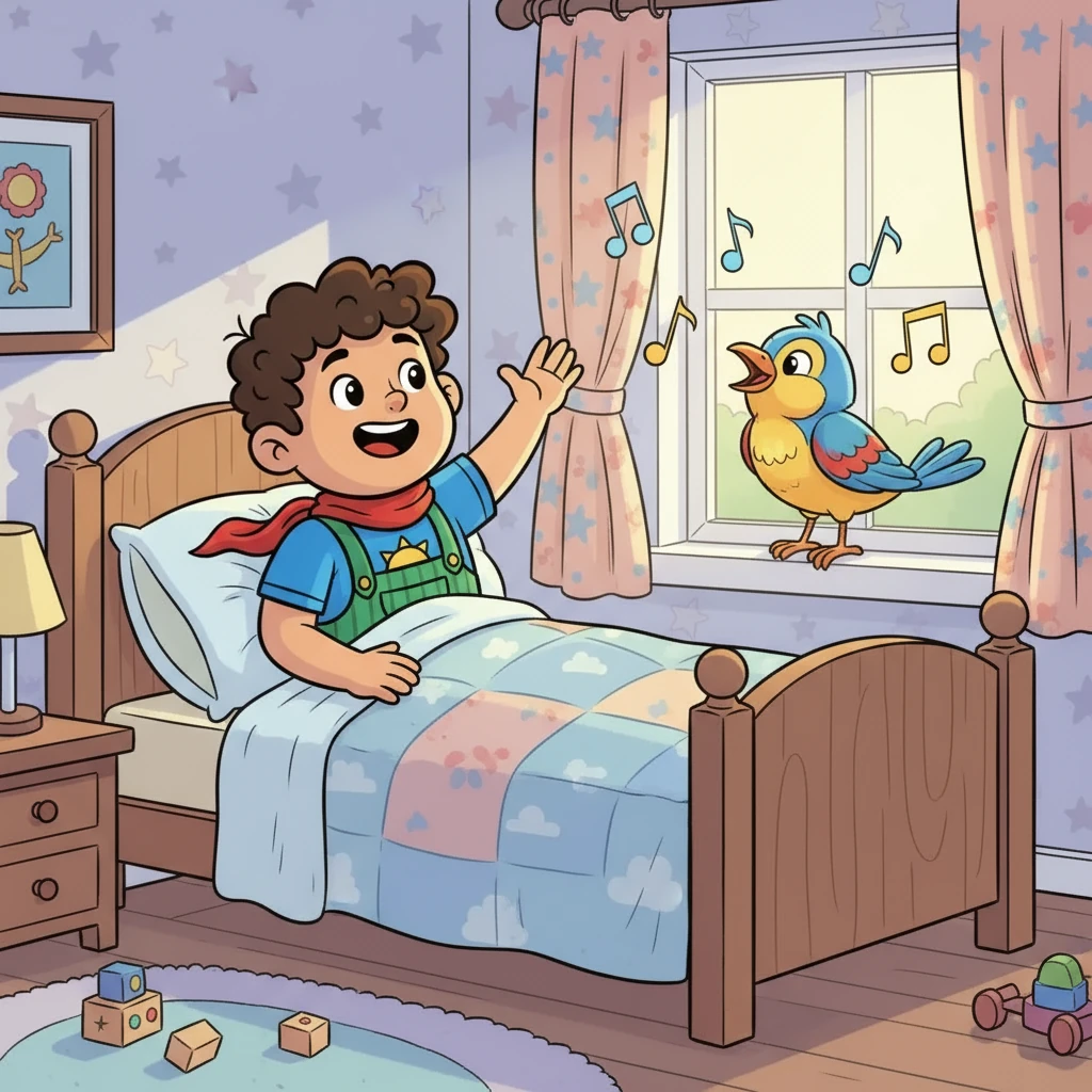 A colorful bird perched on the windowsill, chirping a sweet melody. Its song filled the air with morning cheer. Naitvik, waving from his bed, greeted the bird with a friendly 'Good Morning, Birdie!'