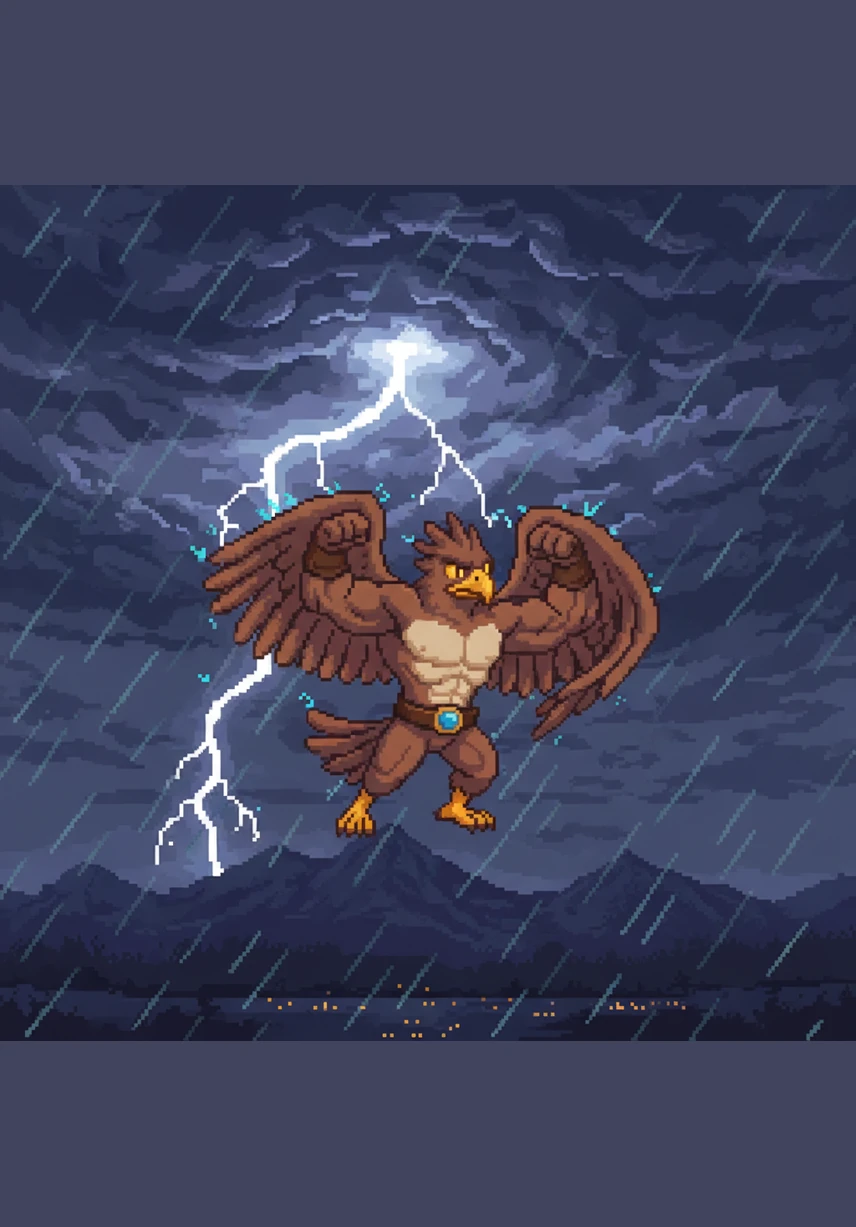 A sudden, powerful storm tosses Aquila through the dark sky, testing his resolve. Instead of fearing the wind, he watches the rhythmic pulse of the lightning and the swirling geometry of the clouds, memorizing their chaotic beauty.