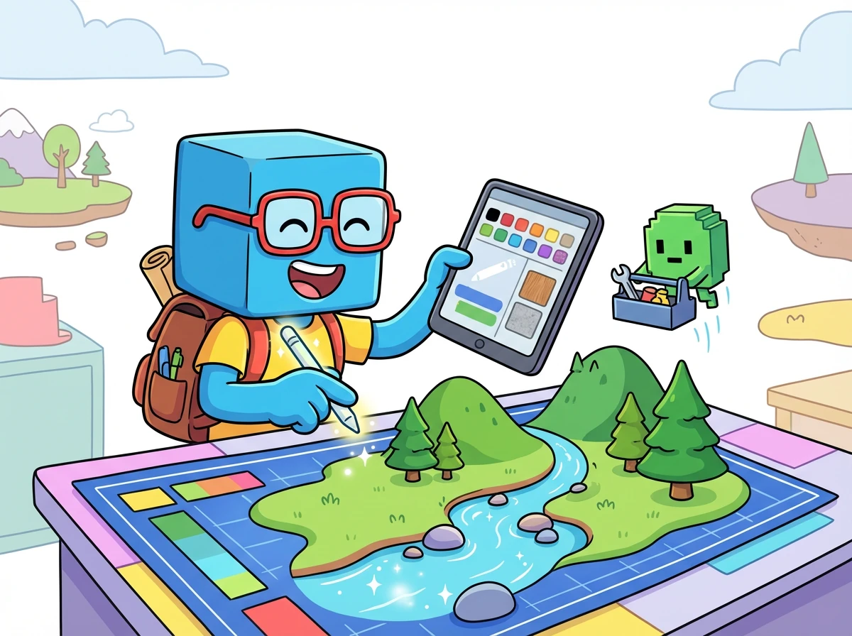 Blox and Pixel start by designing the landscape, adding hills, trees, and a sparkling river. Blox experiments with different textures and colors, laughing with delight.
