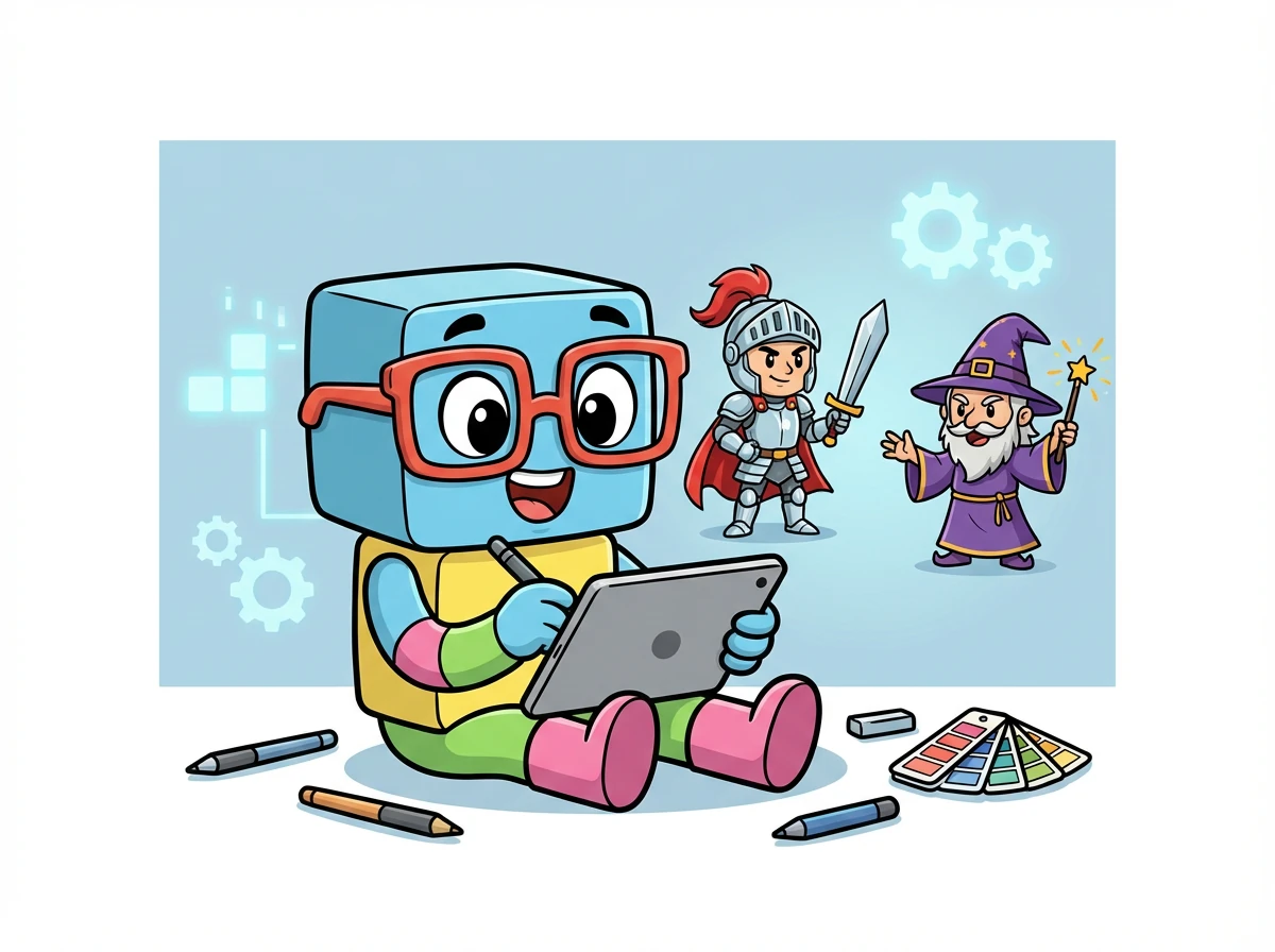 Next, they learn how to create characters and give them special abilities. Blox designs a brave knight and a mischievous wizard for his game.