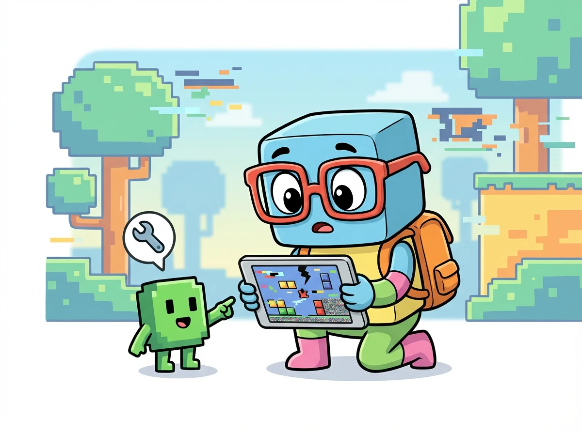 But oh no! A glitch appears, causing the game to malfunction. Pixel teaches Blox how to debug the code and fix the problem.