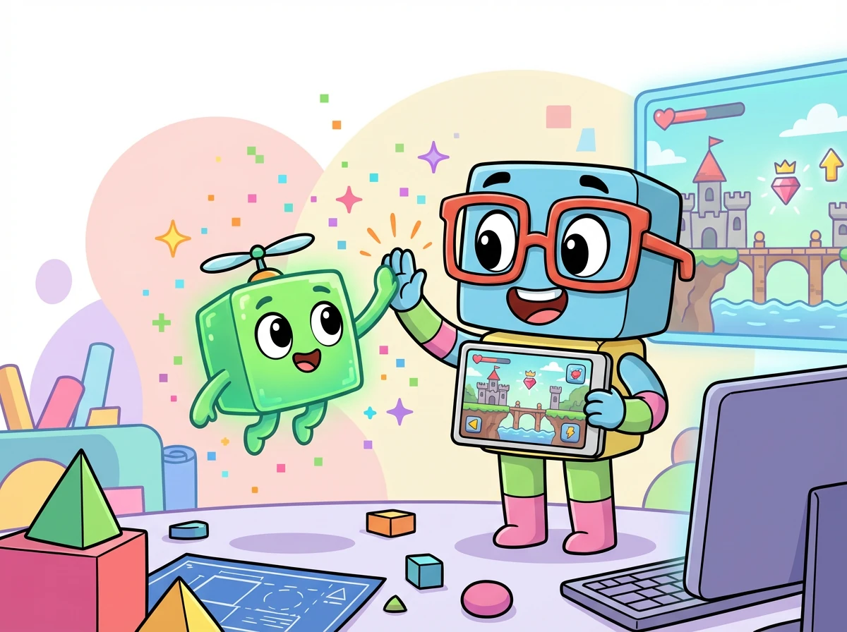 Working together, Blox and Pixel overcome the challenges and make their game even better. Blox feels proud of his accomplishments.