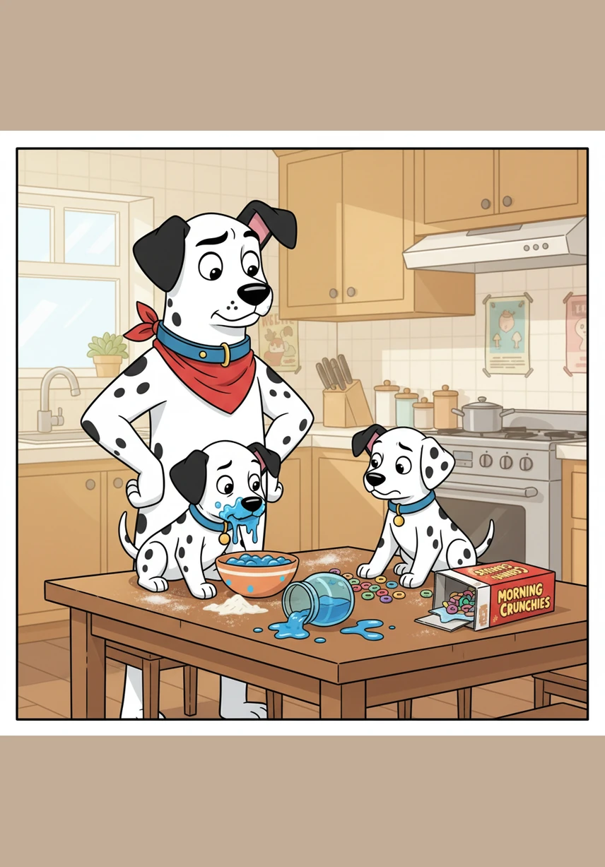 Bobby decided he would be the base, bracing himself firmly while Matrix attempted to climb onto his back to reach the delicious prize. Their spots blurred together as they wobbled precariously near the edge of the counter.