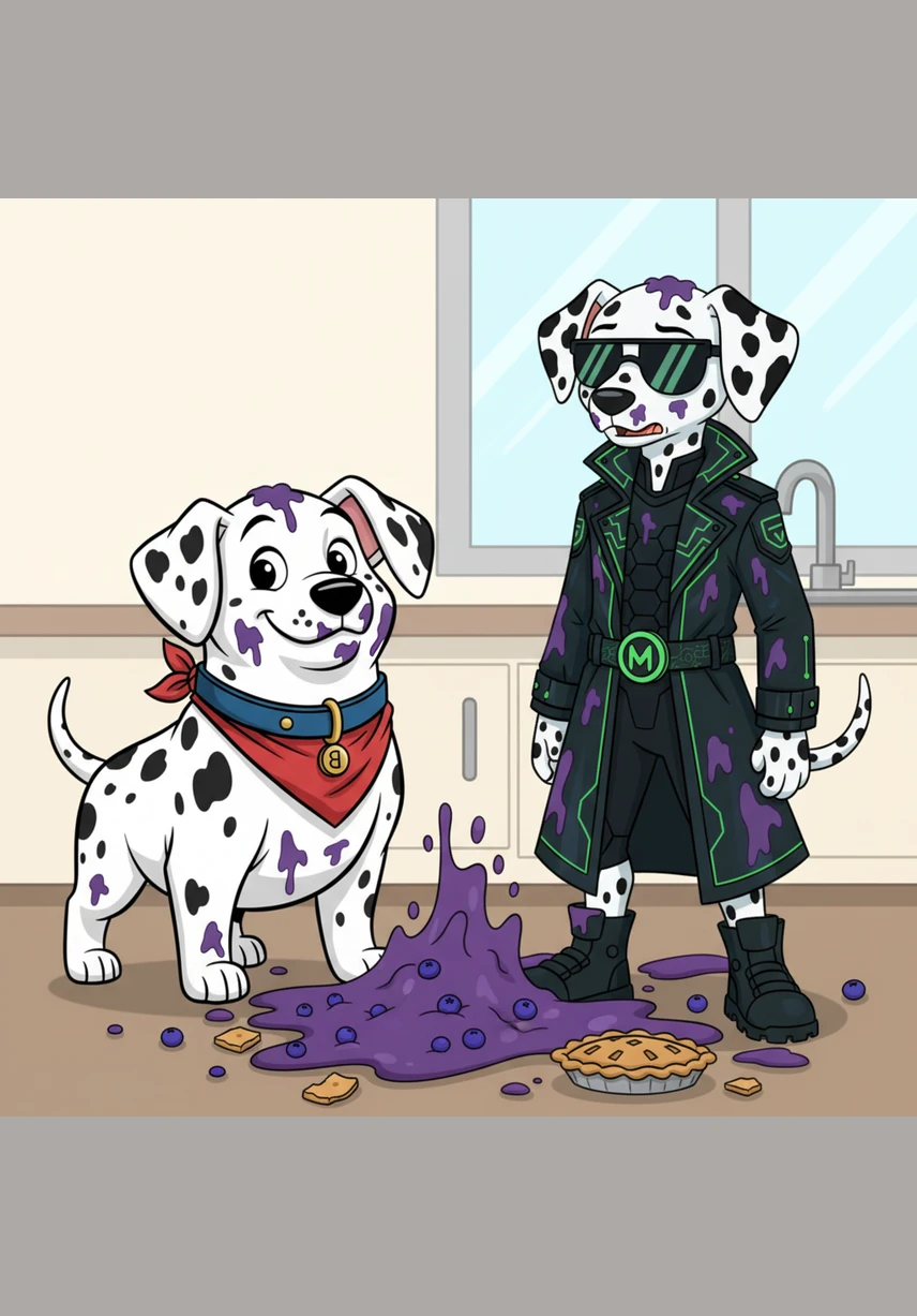 With a sudden slip and a loud splat, the pie slid off the counter and landed right between them. Instead of a snack, the brothers were now covered from head to tail in sticky, purple blueberry goo.