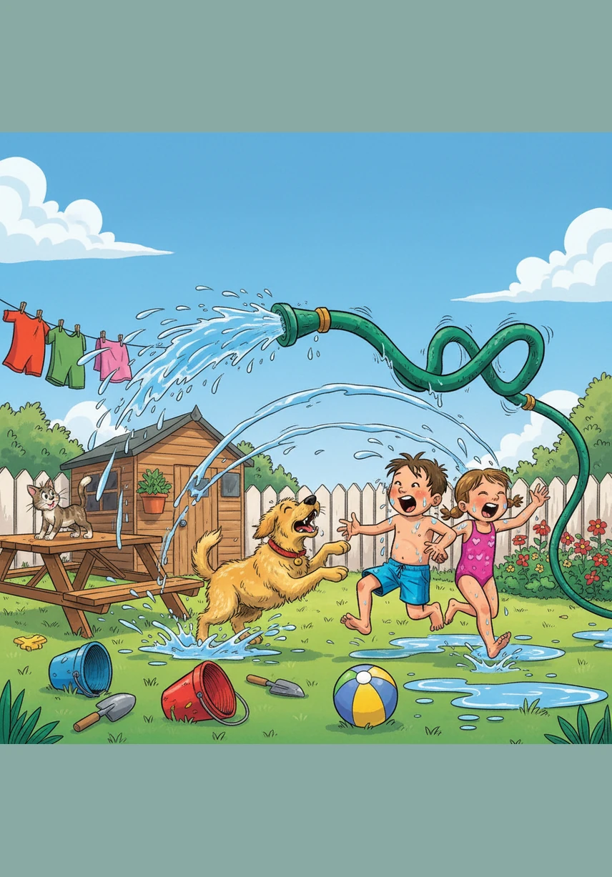 The hose sprang to life like a wild snake, spraying water in every direction and soaking the freshly washed laundry hanging on the line. Bobby and Matrix barked at the dancing water, completely forgetting about their purple spots.