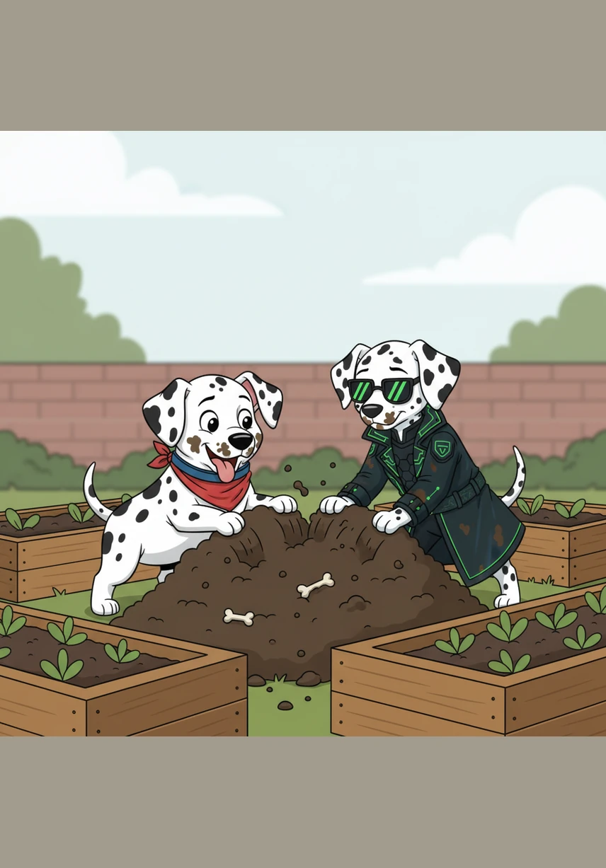 After the water turned off, they spotted a pile of fresh potting soil near the flowerbeds. Thinking there might be bones hidden deep inside, they began to dig with enthusiastic paws.