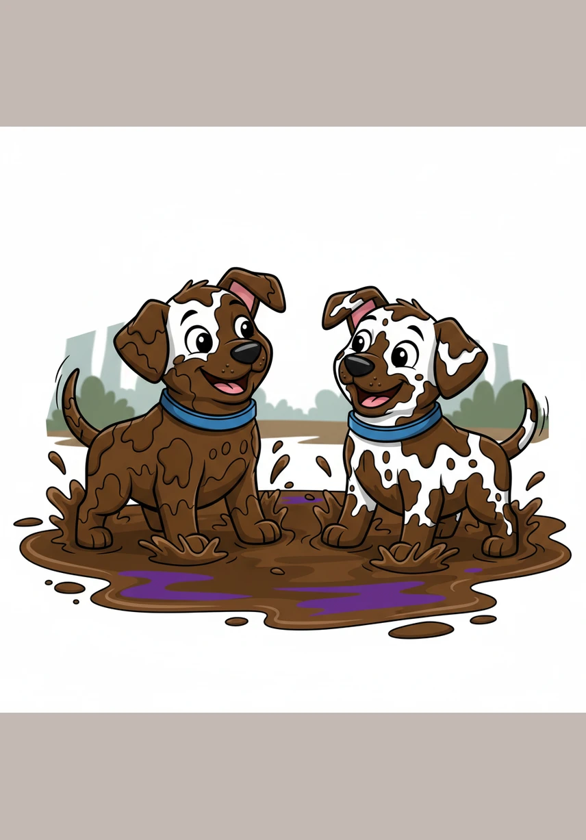 The purple juice mixed with the dark earth, turning the white-and-black puppies into muddy, chocolate-colored balls of fur. They looked at each other and wagged their tails, proud of their new camouflage.