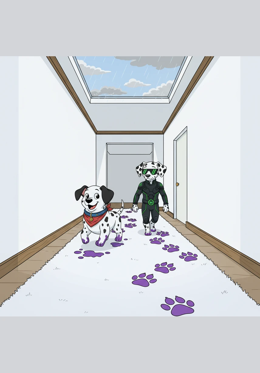 When the clouds turned grey and a light rain began to fall, the duo decided it was time to retreat back inside. They trotted through the house, leaving a trail of muddy, purple paw prints across the white hallway carpet.