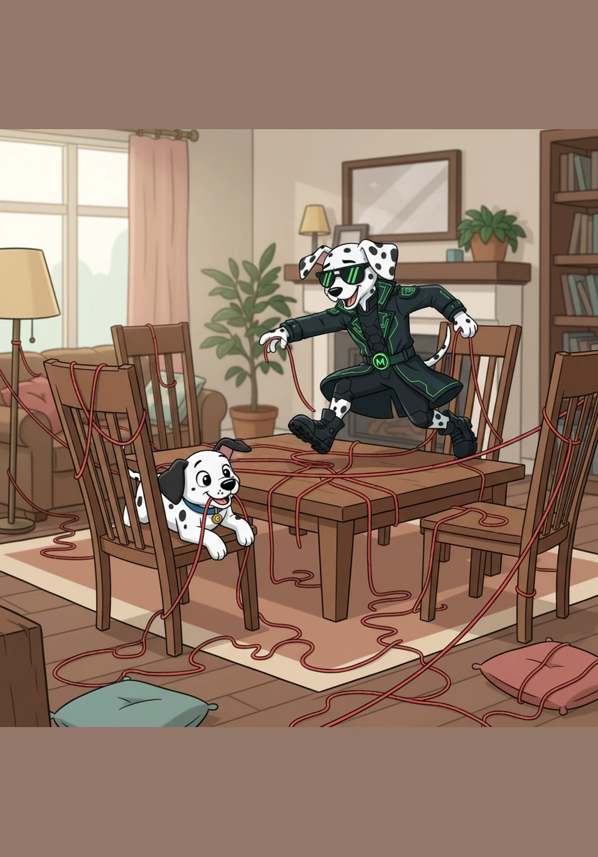 Bobby chased Matrix around the coffee table and under the chairs, weaving a complex web of red string. The room soon looked like a giant cat’s cradle, with yarn looped over every piece of furniture.