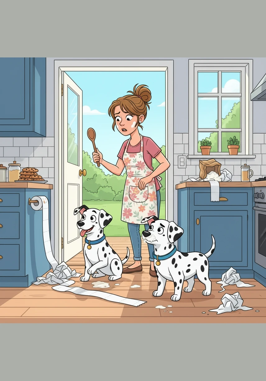 Their owner stood in the doorway, eyes wide as she took in the purple rug, the muddy prints, and the yarn-covered puppies. Bobby gave a small, hopeful wag of his tail while Matrix let out a tiny, apologetic whimper.