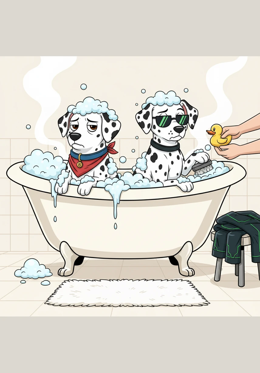 The next hour was a whirlwind of soap suds and warm water in the big bathtub. Bobby and Matrix sat side-by-side, looking like two very grumpy, very soapy clouds as they were scrubbed clean.