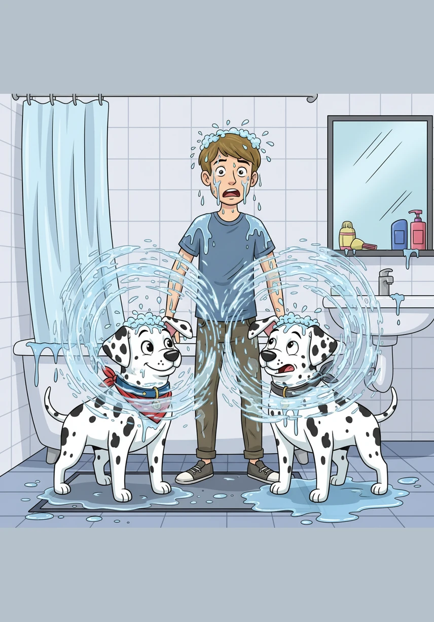 As soon as they were lifted out of the tub, the brothers shared a look and began to shake their fur with all their might. A storm of soapy water flew everywhere, soaking their owner and the entire bathroom.