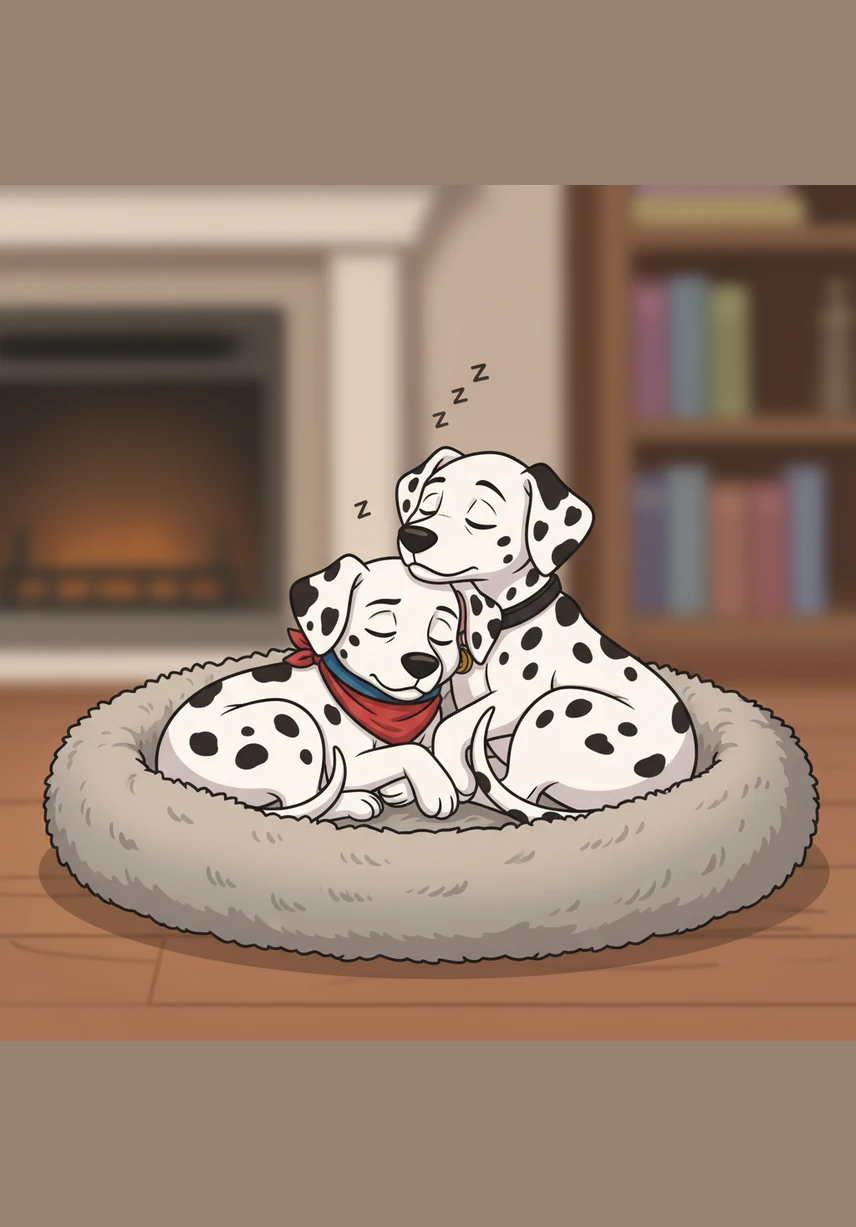 After a long day of mischief, the two brothers finally curled up together in their soft, circular dog bed. Their white coats were clean again, and their breathing slowed as they drifted off to sleep.