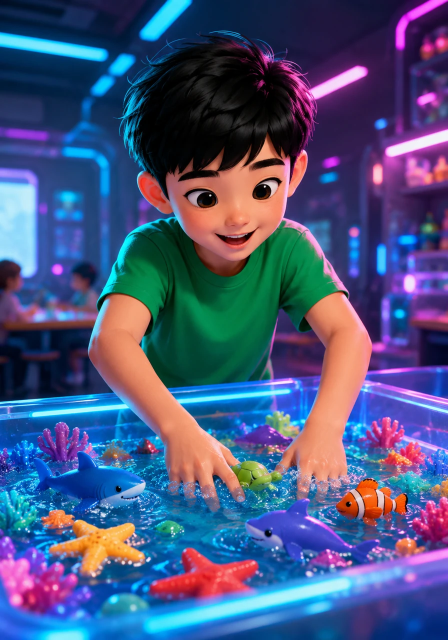 Inside the classroom, Aiden slowly began to explore and embrace the world around him. He smiled as he dipped his hands into the ocean creature sensory bin, enjoying the cool textures and colorful toy sea animals. Curiosity and joy quickly replaced his fears, making the classroom a place of laughter.
