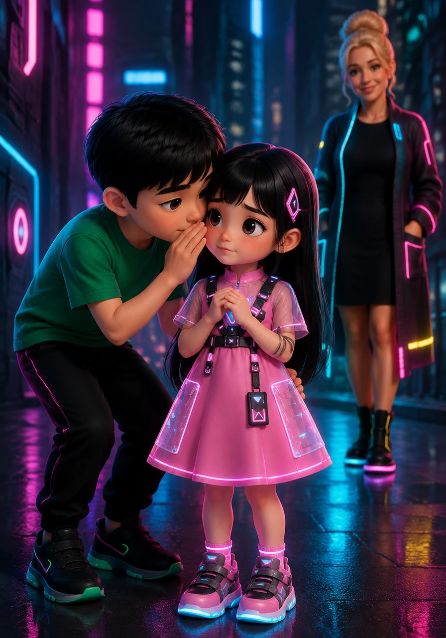 Seeing Ayla look a bit nervous in her pink dress, her dark-haired brother Aiden leaned down and whispered comforting words. He told her not to worry because Ms. Simonson was wonderfully fun, always laughed happily, and would always be there to help her. With her big brother's encouragement, Ayla felt her worries melt away.
