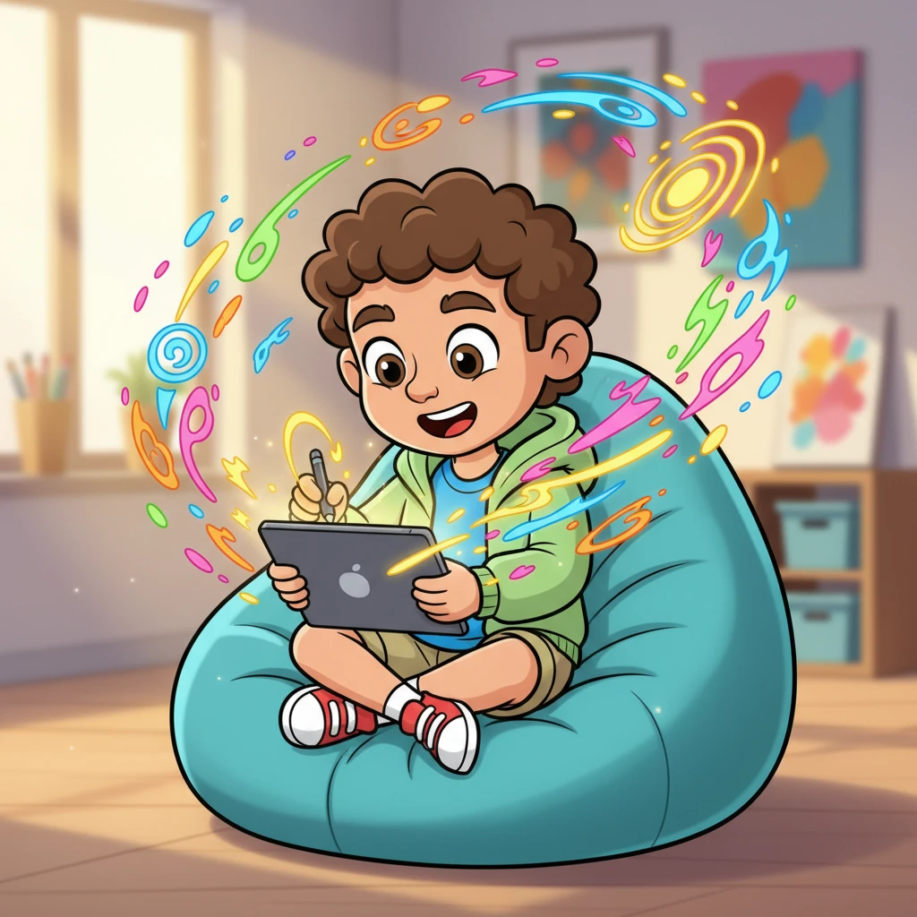 Raúl, a brilliant student, is completely absorbed in his digital tablet, drawing worlds bursting with color and modern shapes. His face glows with passion as intricate designs swirl around him, each stroke a step closer to his dream of independence and a life fueled by art.