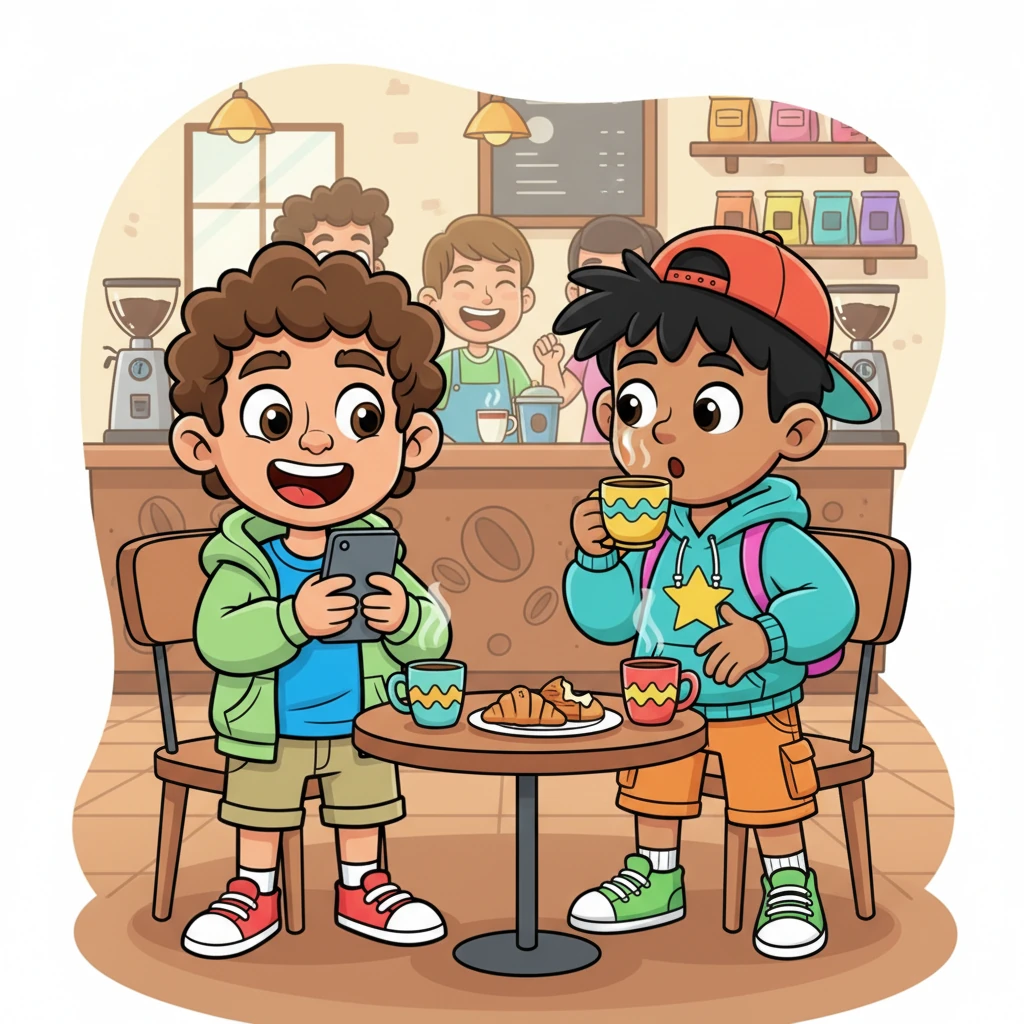 At a bustling coffee shop, Raúl and his best friend Blas chat animatedly about their futures. Suddenly, Raúl's phone buzzes, and his expression dramatically shifts from casual to pure disbelief and exhilarating joy as he reads a message confirming a top design studio scholarship.