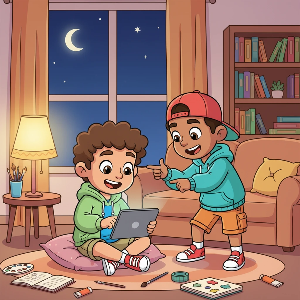 Overwhelmed with excitement, Raúl and Blas animatedly plan his new independent life, their faces alight with anticipation. Blas, sharing Raúl's joy, encourages him to find a place bathed in natural light, perfect for creative projects, as Raúl eagerly scrolls through apartment listings late into the night.