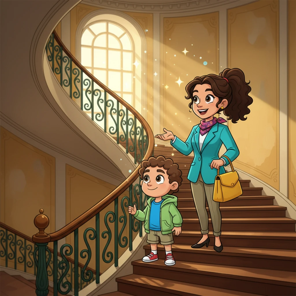 After a long search, Raúl meets Inés, a cheerful real estate agent, who leads him up the grand, winding staircase of an old city building. Raúl's imagination soars, picturing himself returning home through this very entrance every evening after a fulfilling day of work.