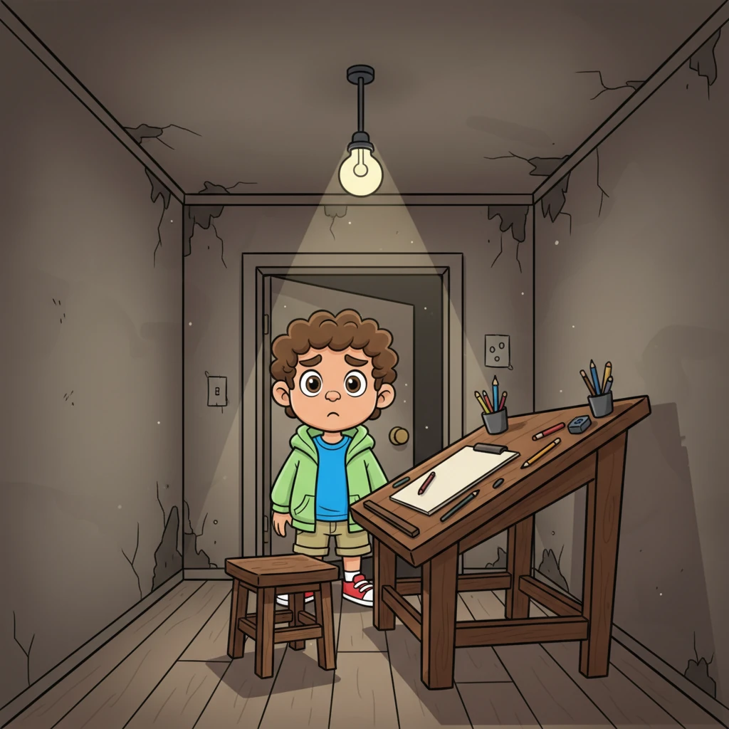 Raúl's hopeful expression shatters as he steps into the apartment; it's a tiny, dark 'dungeon' where a drawing table barely fits. The walls seem to close in on him, making his grand dreams feel suffocated and small within the cramped space.