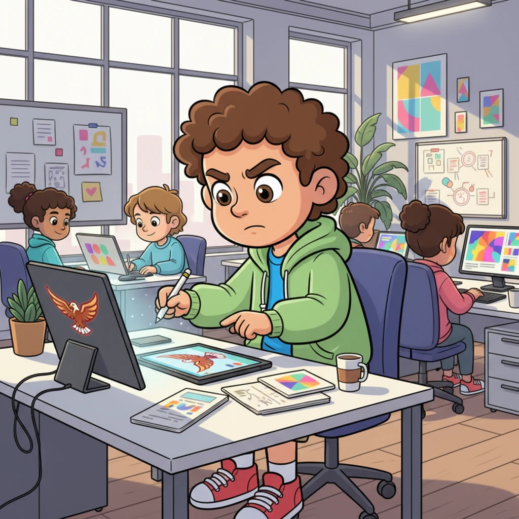 Undeterred, Raúl dedicates himself fully to his new internship at the design studio. He learns quickly, crafting powerful logos with professional flair, surrounded by other focused designers. He believes that by working harder than anyone else, success and a better home will surely follow.