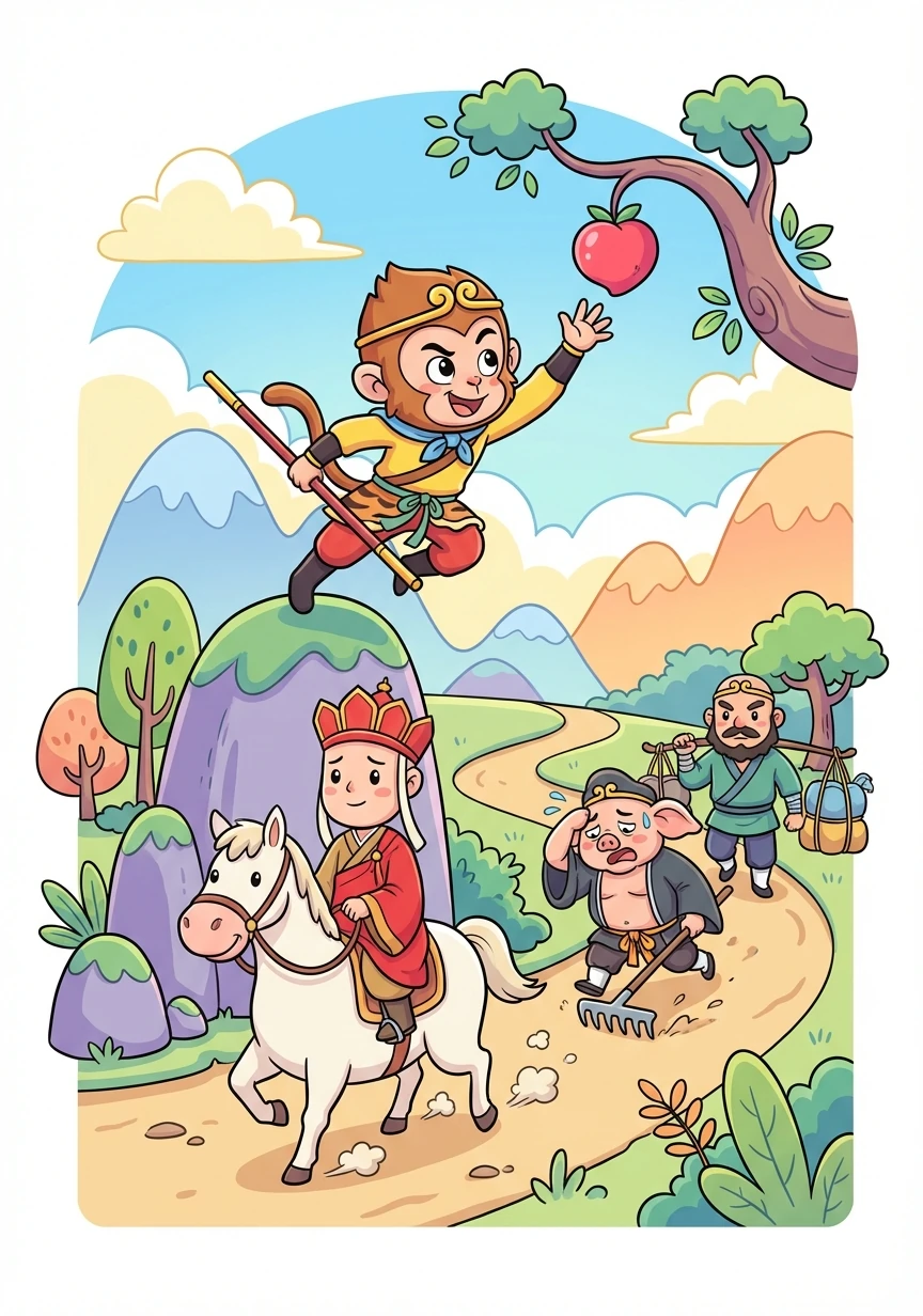 唐僧师徒四人西天取经，行至一片荒山野岭。悟空走在前面探路，唐僧骑在白龙马上，八戒和沙僧挑着行李紧随其后。