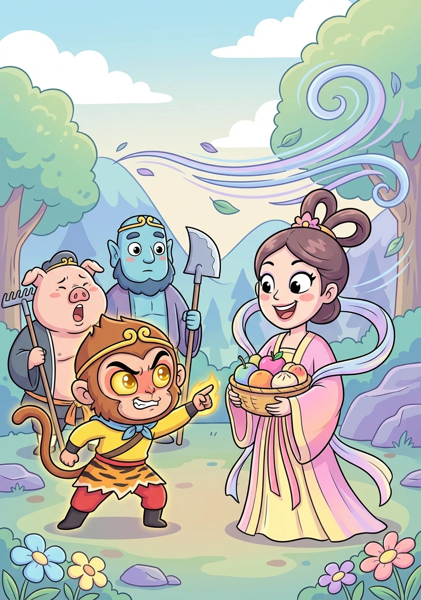 突然，一阵妖风吹过，一个美丽的女子出现在他们面前。她自称是附近的村民，要给他们送斋饭。悟空火眼金睛一看，原来是白骨精变的！