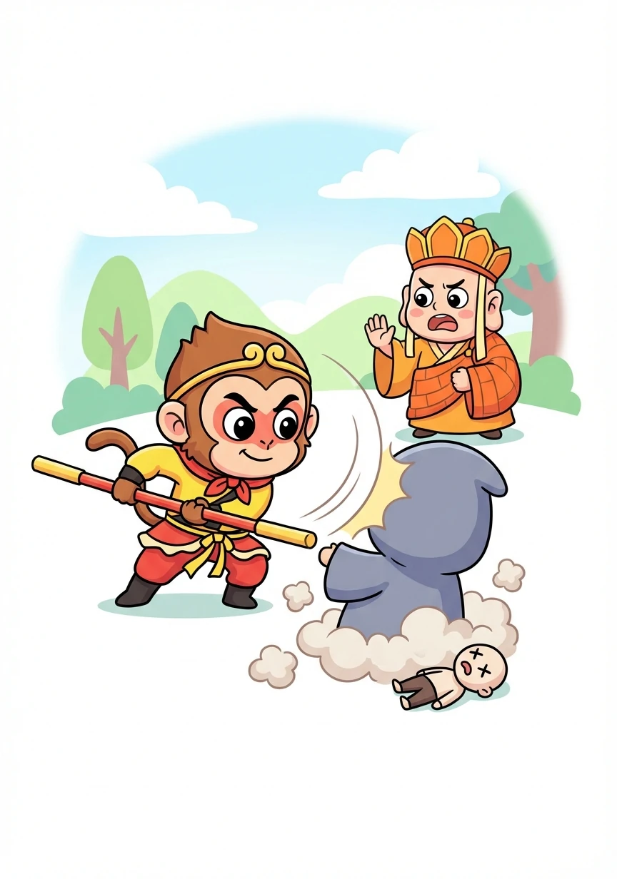 悟空不顾唐僧的阻拦，举起金箍棒就朝女子打去。白骨精狡猾地留下了一具假尸，真身逃走了。唐僧见悟空无故伤人，十分生气。