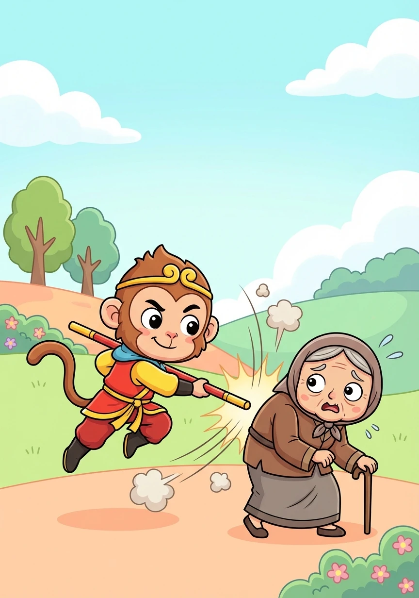 白骨精不甘心失败，又变成一个老妇人，拄着拐杖，颤巍巍地寻找女儿。悟空再次识破她的伪装，又是一棒打去，白骨精再次逃脱。