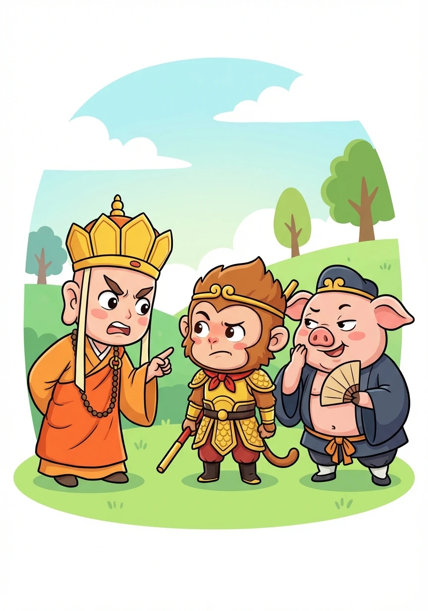 唐僧更加恼火，认为悟空滥杀无辜，责骂了他一顿。八戒在一旁煽风点火，怂恿唐僧赶走悟空。