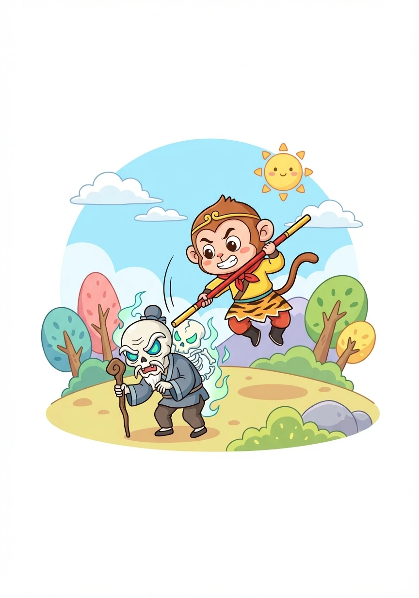 白骨精不死心，再次变化，这次变成一个老翁，说是来寻找自己的妻子和女儿。悟空第三次识破了她的伪装，抡起金箍棒，彻底消灭了白骨精。