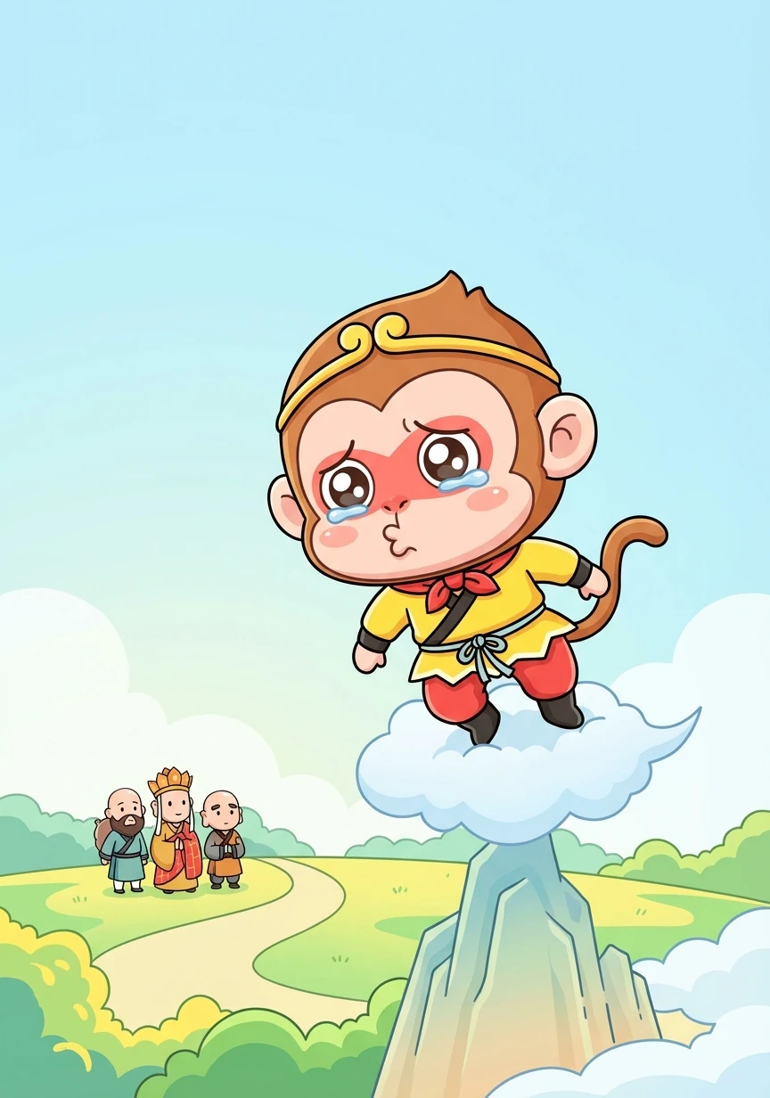 悟空委屈极了，他含泪向唐僧告别，离开了取经队伍。他飞上天空，回到了花果山。