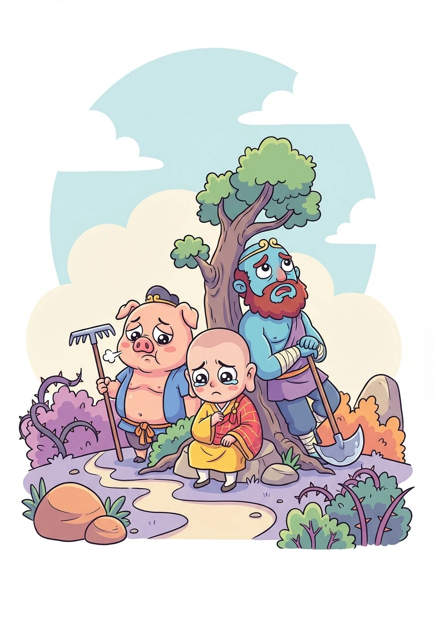 没有了悟空的保护，唐僧师徒遇到了更多的困难。八戒和沙僧后悔不已，唐僧也开始想念悟空。