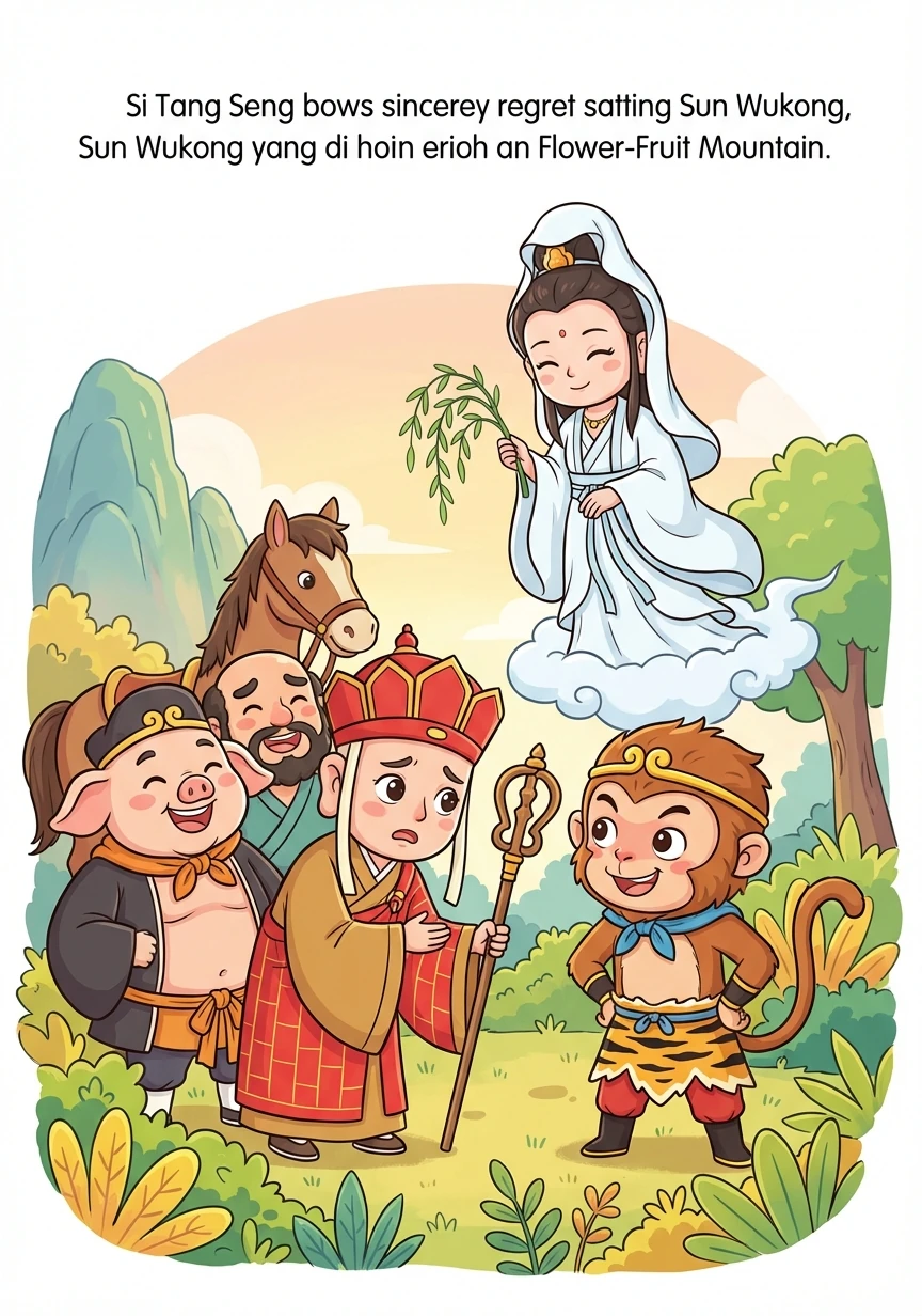 最终，观音菩萨点化唐僧，让他明白悟空的重要性。唐僧诚心悔过，亲自去花果山请回了悟空，师徒四人重归于好，继续西天取经。