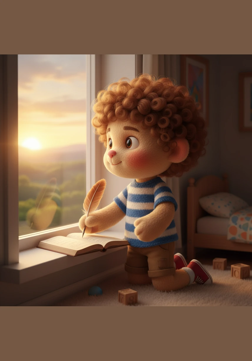 Luca guarda fuori dalla finestra della sua cameretta mentre il sole sorge lentamente all'orizzonte. È molto curioso di sapere come cambierà il tempo durante la settimana e prepara il suo taccuino magico per scrivere le previsioni.