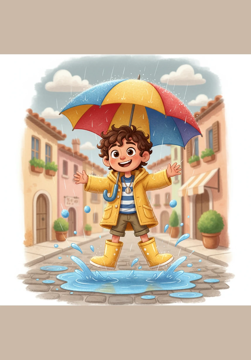 Luca non si annoierà affatto durante il temporale perché userà il suo ombrello giallo brillante e i suoi stivali di gomma. Lui camminerà allegro tra le pozzanghere, creando piccoli cerchi magici nell'acqua.