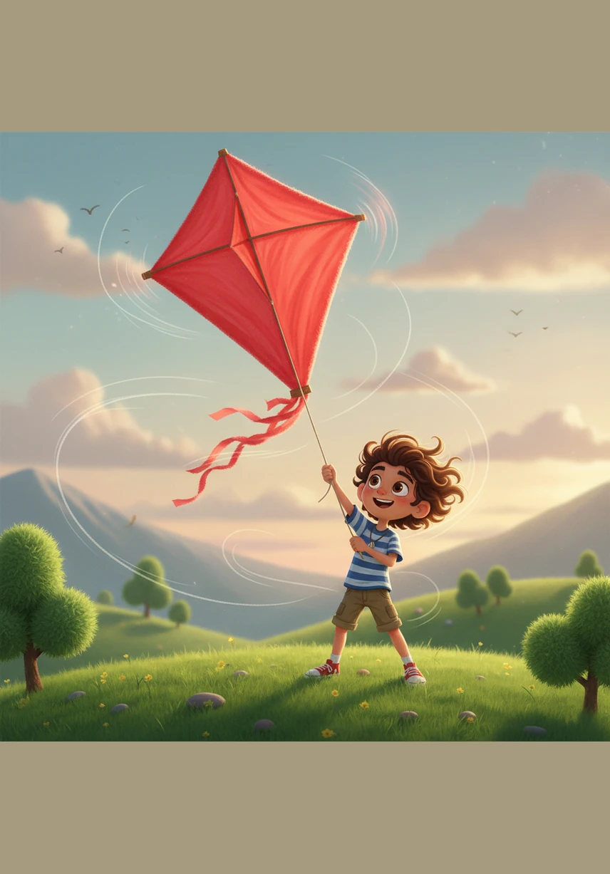 Grazie alla brezza potente, Luca farà volare il suo grande aquilone rosso nel cielo infinito. L'aquilone salirà sempre più in alto, superando persino le cime degli alberi più alti e toccando quasi le nuvole.