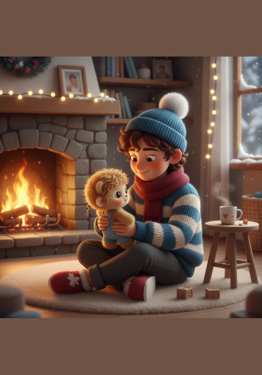 Per restare al caldo, Luca indosserà una sciarpa di lana morbida e un cappotto molto pesante. Lui berrà una cioccolata fumante davanti al camino mentre osserva i fiocchi bianchi posarsi dolcemente sul vetro della finestra.