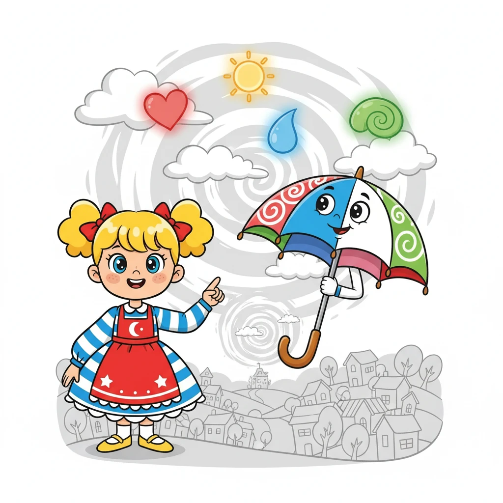 Pli-Pli, le parapluie magique, expliqua à Luna que les couleurs du village avaient été volées par les émotions. Il fallait partir à leur recherche, dans le ciel des nuages. Luna, courageuse, accepta la mission.