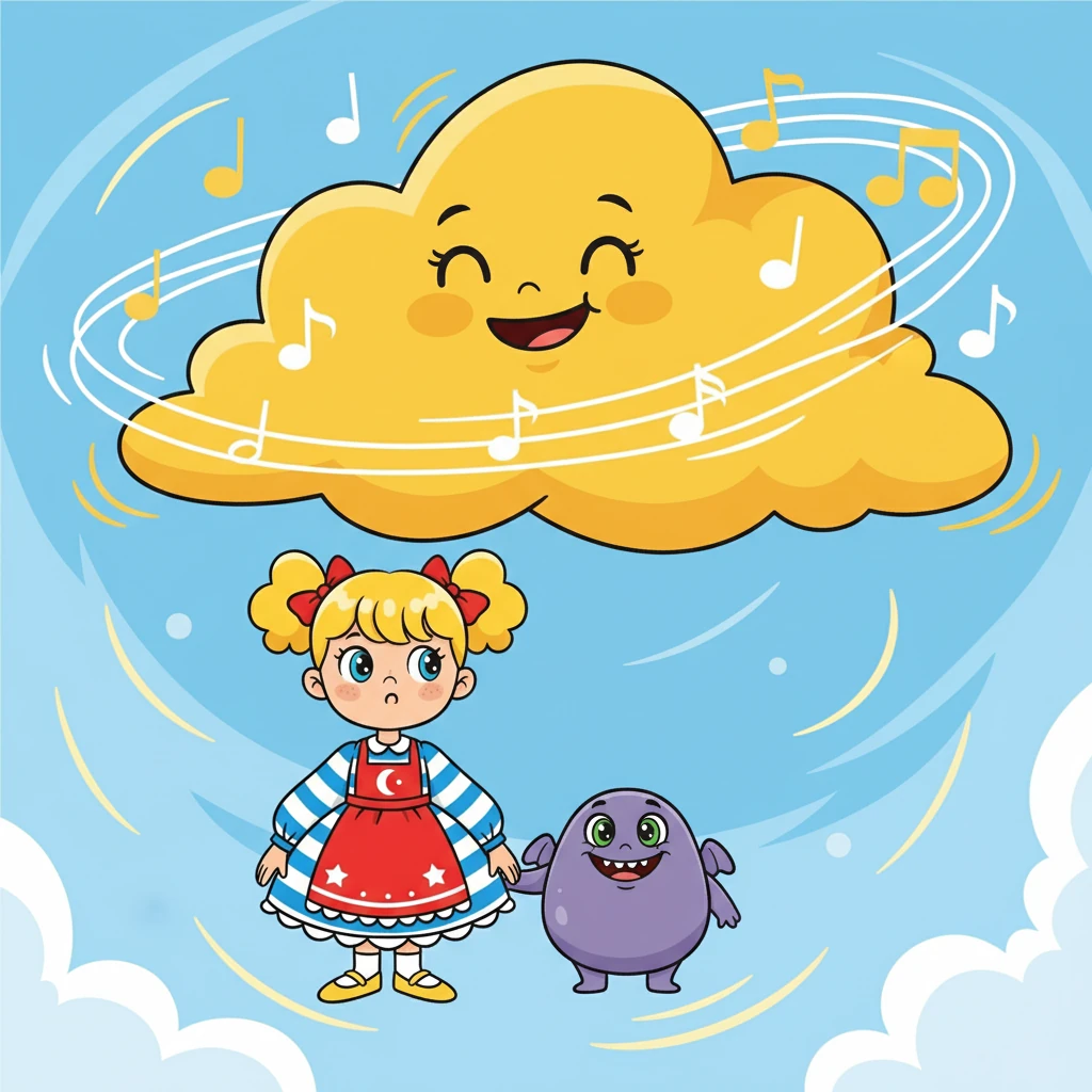 Le premier nuage rencontré était celui de la Joie, d'un beau jaune safran. Il riait et chantait, mais Luna sentait qu'il manquait quelque chose. Pli-Pli lui expliqua que la joie avait besoin d'être partagée.