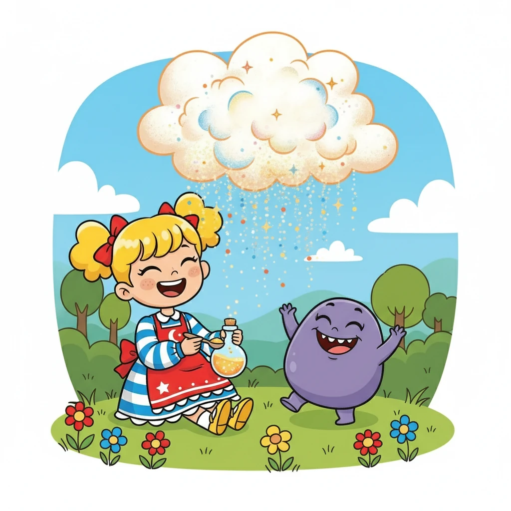 Luna et Pli-Pli jouèrent avec le nuage de la joie, racontant des histoires drôles et partageant leurs rires. Le nuage se mit à scintiller encore plus, et Luna remplit un petit flacon de safran joyeux.