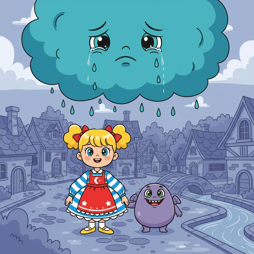 Ensuite, ils rencontrèrent le nuage de la Tristesse, d'un bleu turquoise profond. Il pleurait doucement, et le village était teinté de cette mélancolie. Luna comprit que la tristesse avait besoin d'être écoutée.