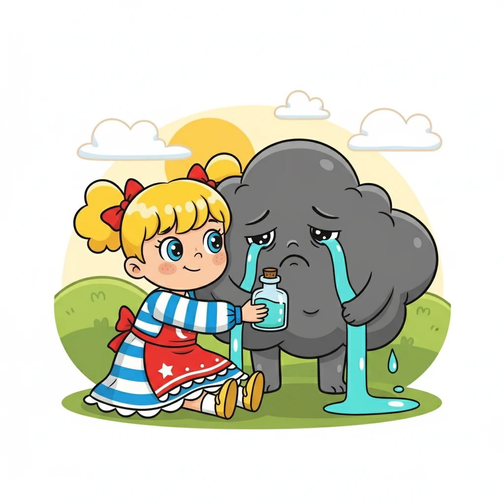 Luna s'assit à côté du nuage de la tristesse, l'écoutant raconter ses peines. Elle lui offrit un câlin réconfortant. Le nuage, apaisé, laissa Luna remplir un flacon de turquoise larmoyant.