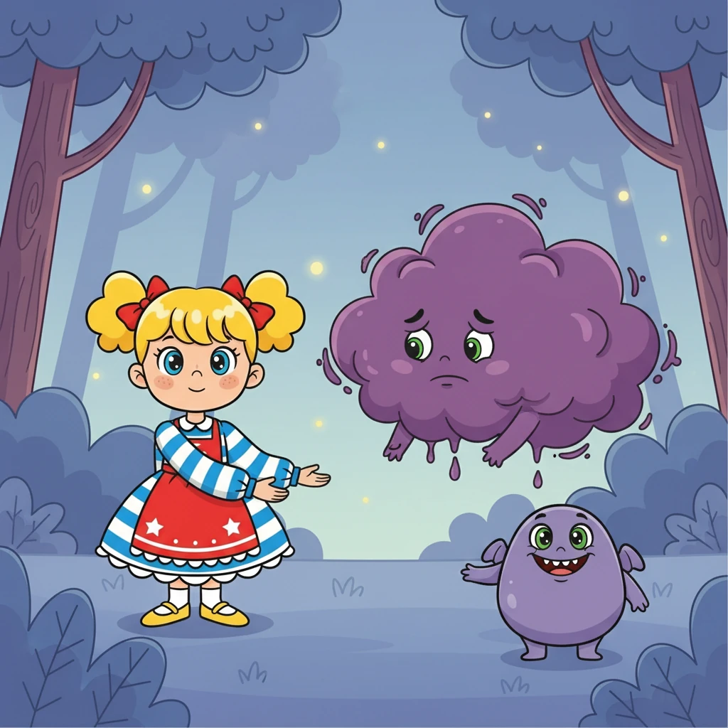 Le nuage de la Peur, violet prune, se cachait, tremblant. Luna et Pli-Pli l'approchèrent avec douceur, lui montrant qu'ils étaient là pour l'aider à surmonter ses craintes.