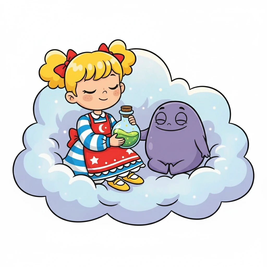 Luna et Pli-Pli s'installèrent dans le nuage du calme, respirant profondément et se sentant sereins. Ils remplirent un flacon de mousse verdoyante, pleine de sérénité.